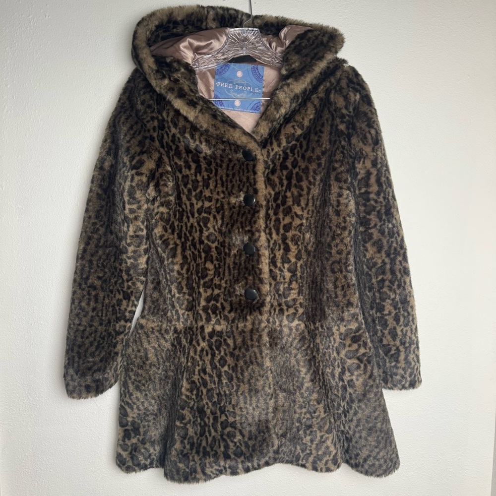 Free People Brown leopard‎ faux fur Teddy coat Jacket with Hood Holiday
